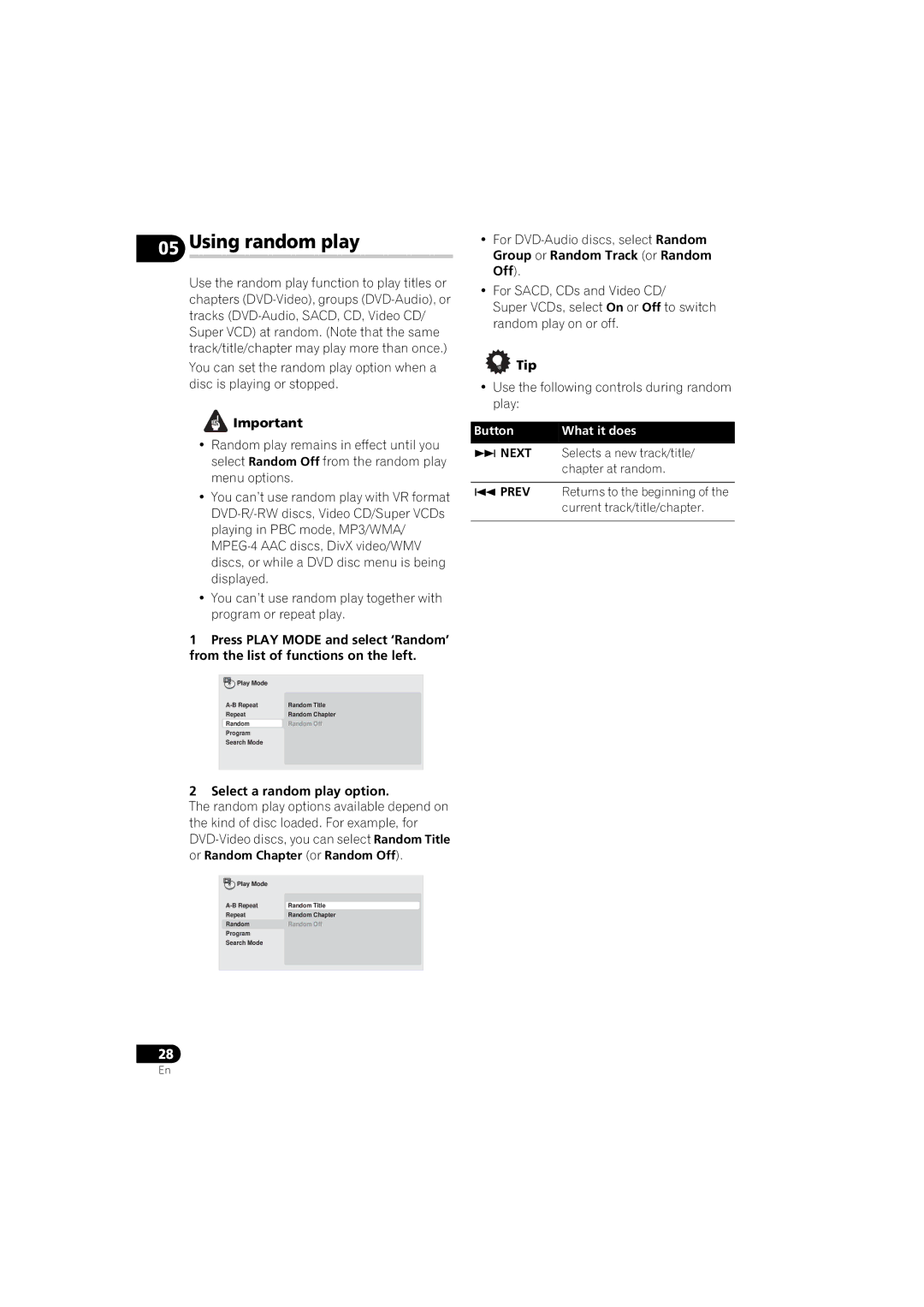 Pioneer DV-610AV-S, DV-610AV-K operating instructions Using random play, Select a random play option 