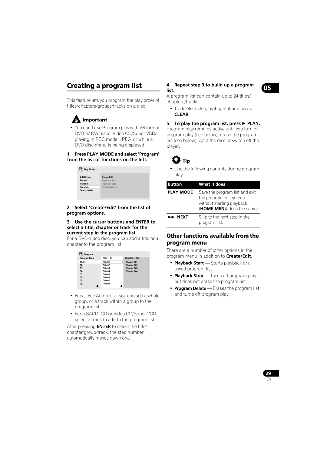 Pioneer DV-610AV-K Creating a program list, Other functions available from the program menu, Repeat to build up a program 