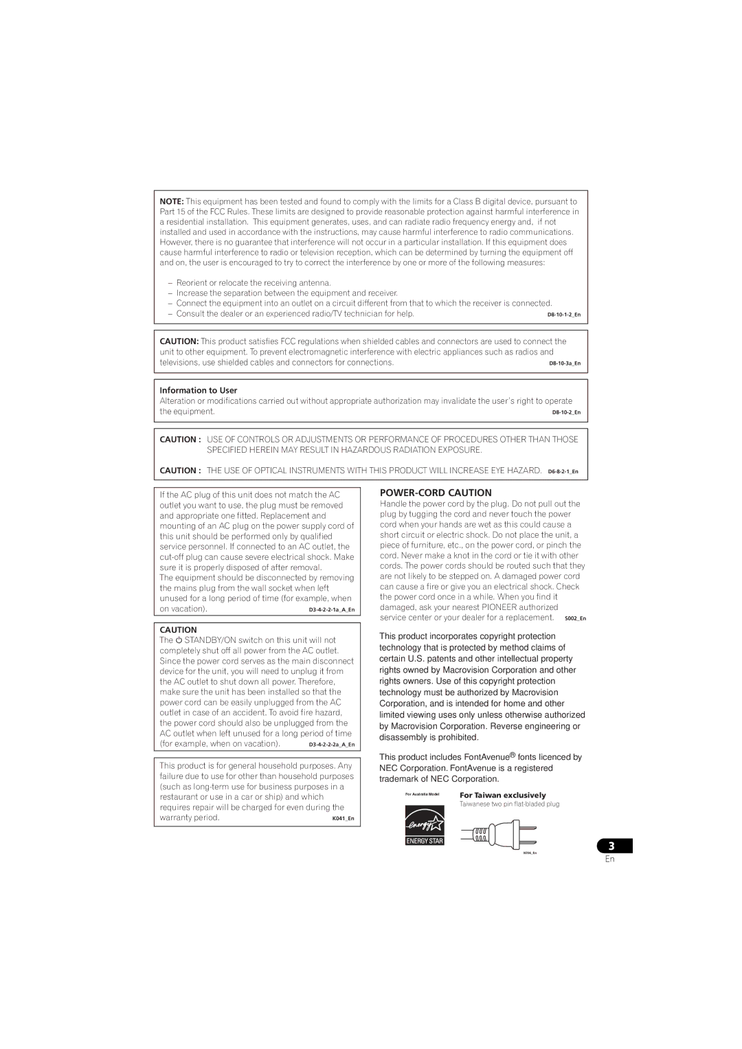 Pioneer DV-610AV-K, DV-610AV-S operating instructions POWER-CORD Caution, Information to User 