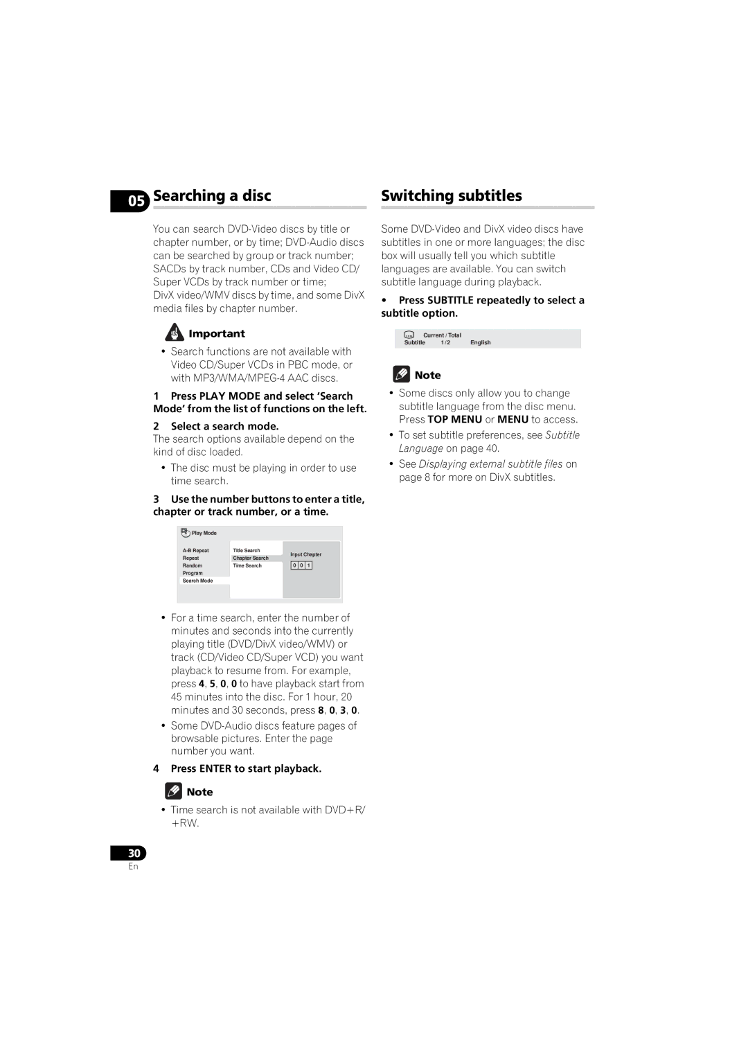 Pioneer DV-610AV-S, DV-610AV-K Searching a disc Switching subtitles, Select a search mode, Press Enter to start playback 