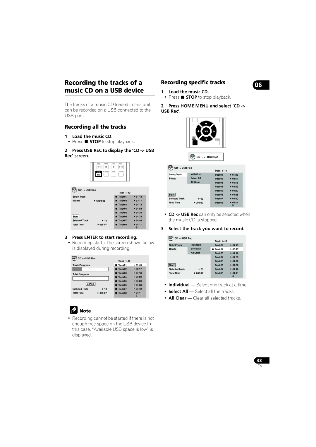 Pioneer DV-610AV-K, DV-610AV-S operating instructions Recording all the tracks, Recording specific tracks 