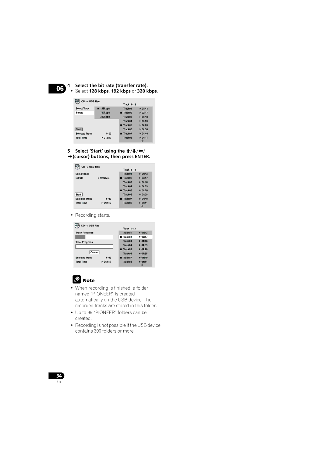 Pioneer DV-610AV-S, DV-610AV-K Select the bit rate transfer rate, Select 128 kbps, 192 kbps or 320 kbps 