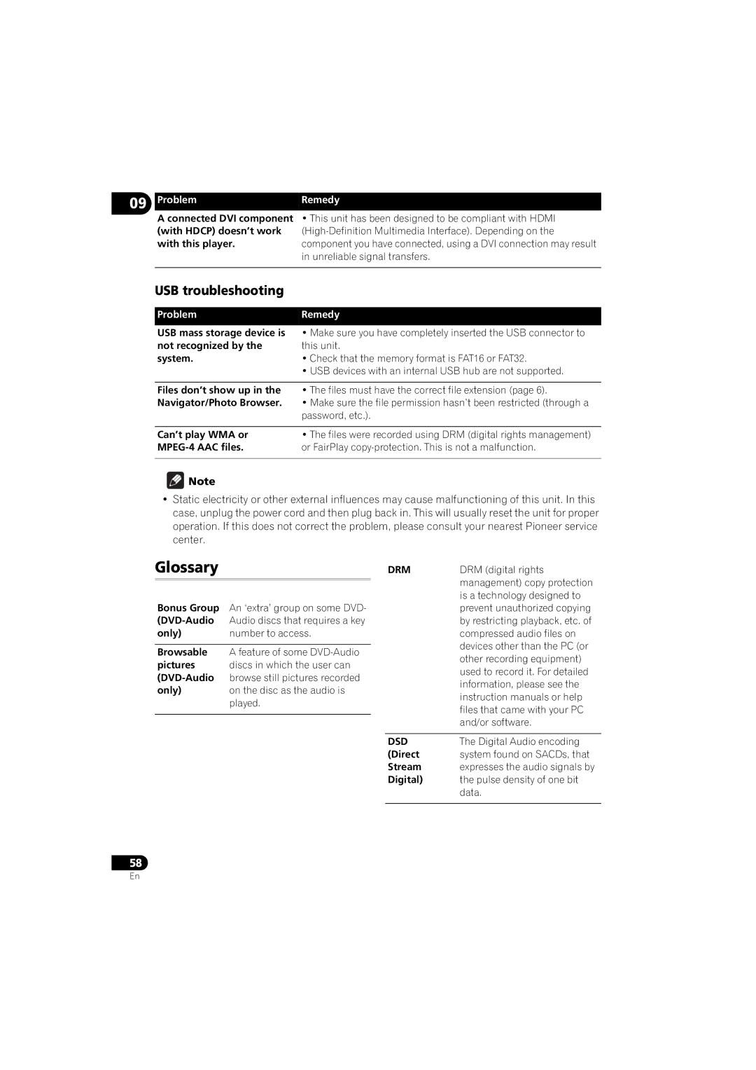 Pioneer DV-610AV-S, DV-610AV-K operating instructions Glossary, USB troubleshooting, Drm, Dsd 