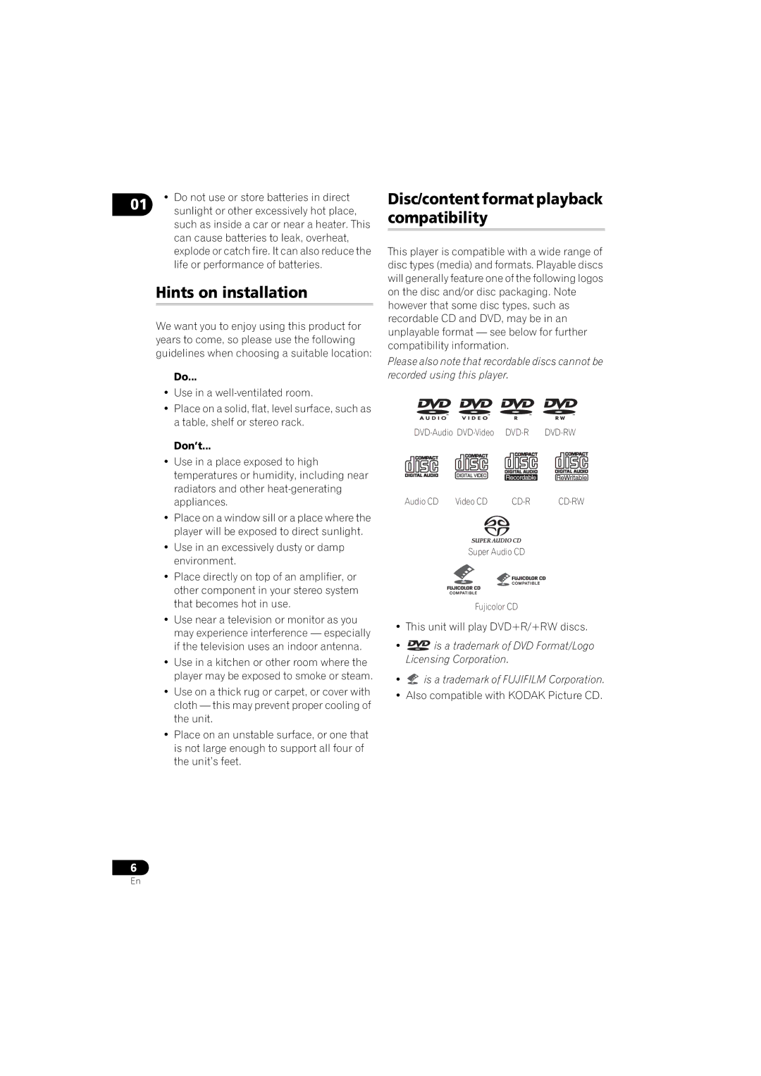 Pioneer DV-610AV-S, DV-610AV-K Hints on installation, Disc/content format playback compatibility, Don’t 