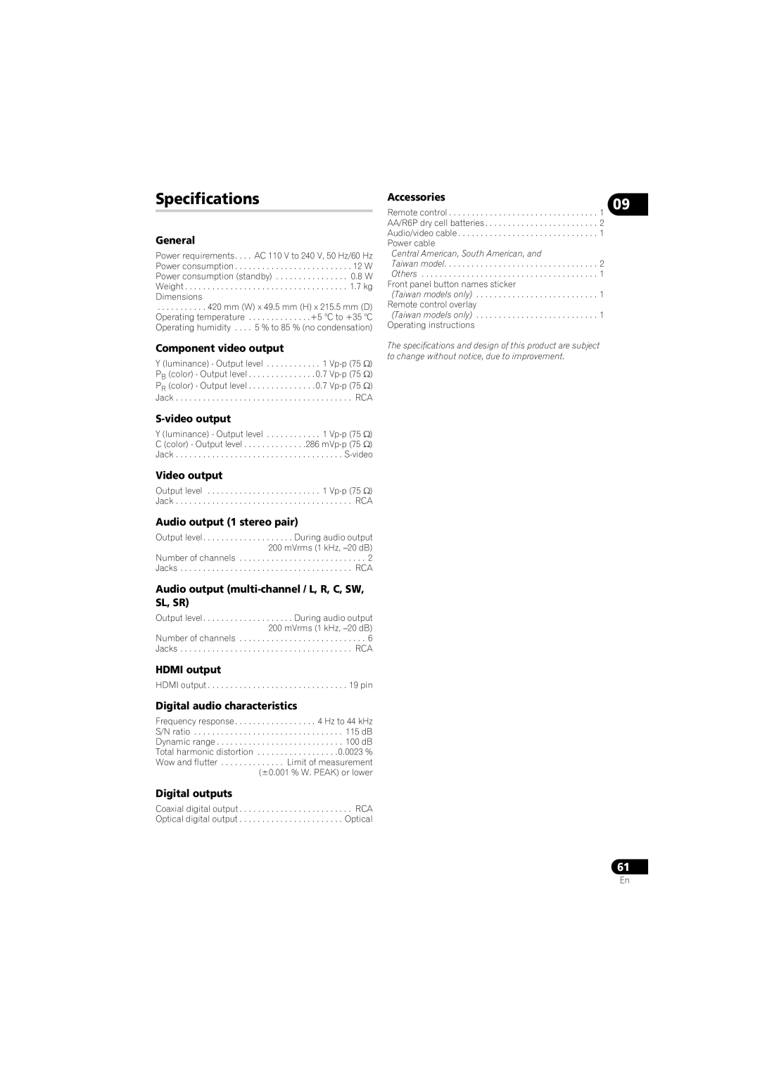 Pioneer DV-610AV-K, DV-610AV-S operating instructions Specifications, Sl, Sr 