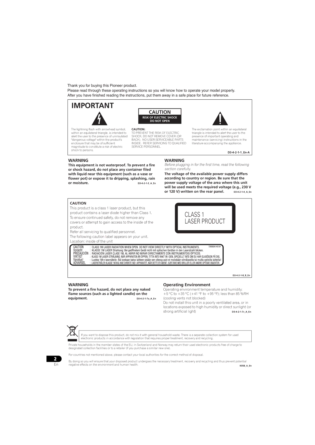 Pioneer DV-610AV-S operating instructions  ,  ,  Operating Environment 