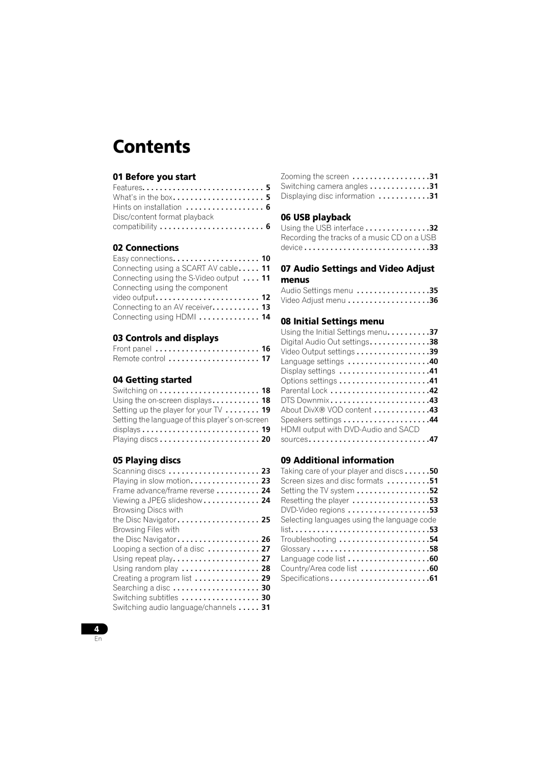 Pioneer DV-610AV-S operating instructions Contents 