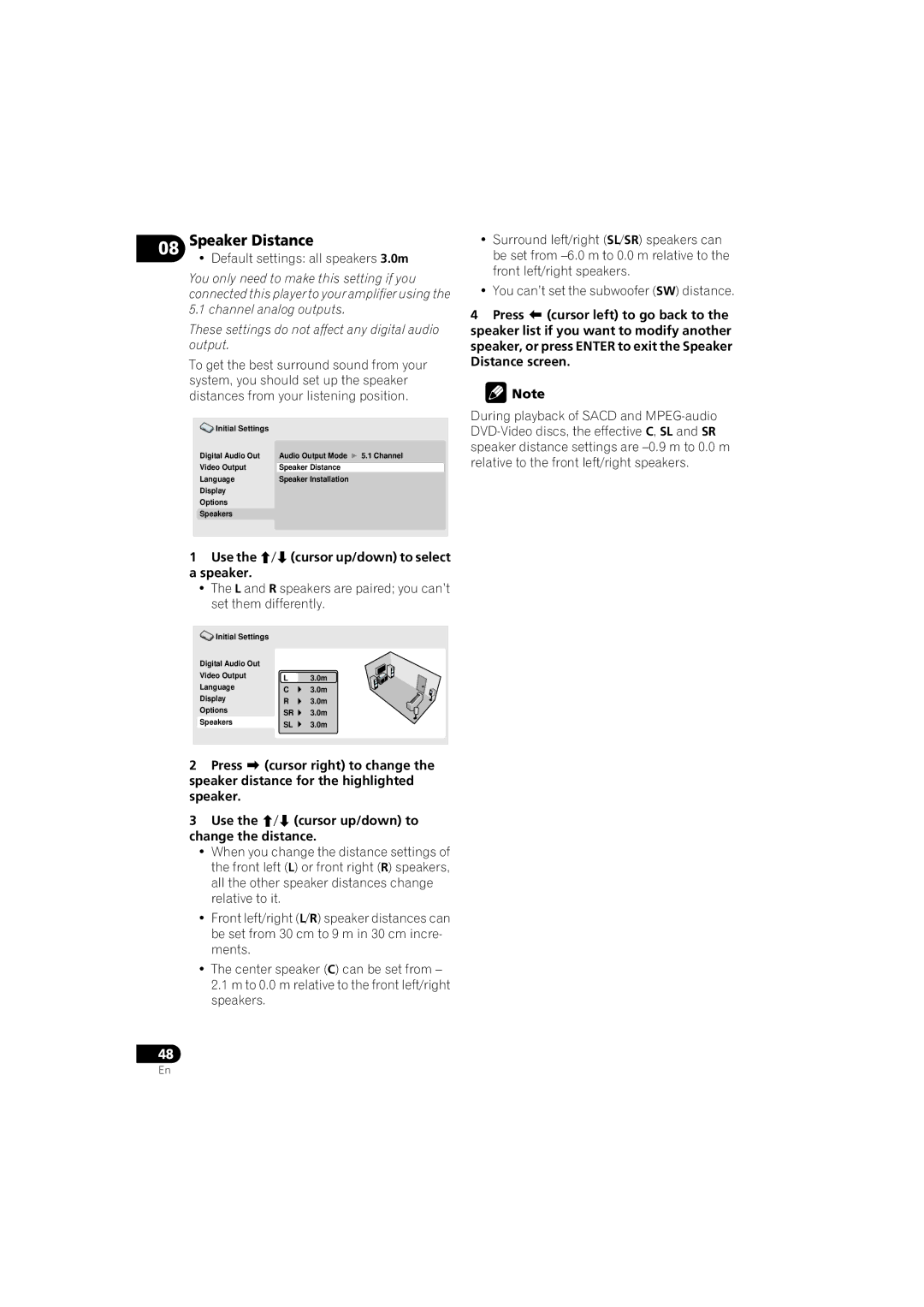 Pioneer DV-610AV-S operating instructions Speaker Distance, Use the /cursor up/down to select a speaker 