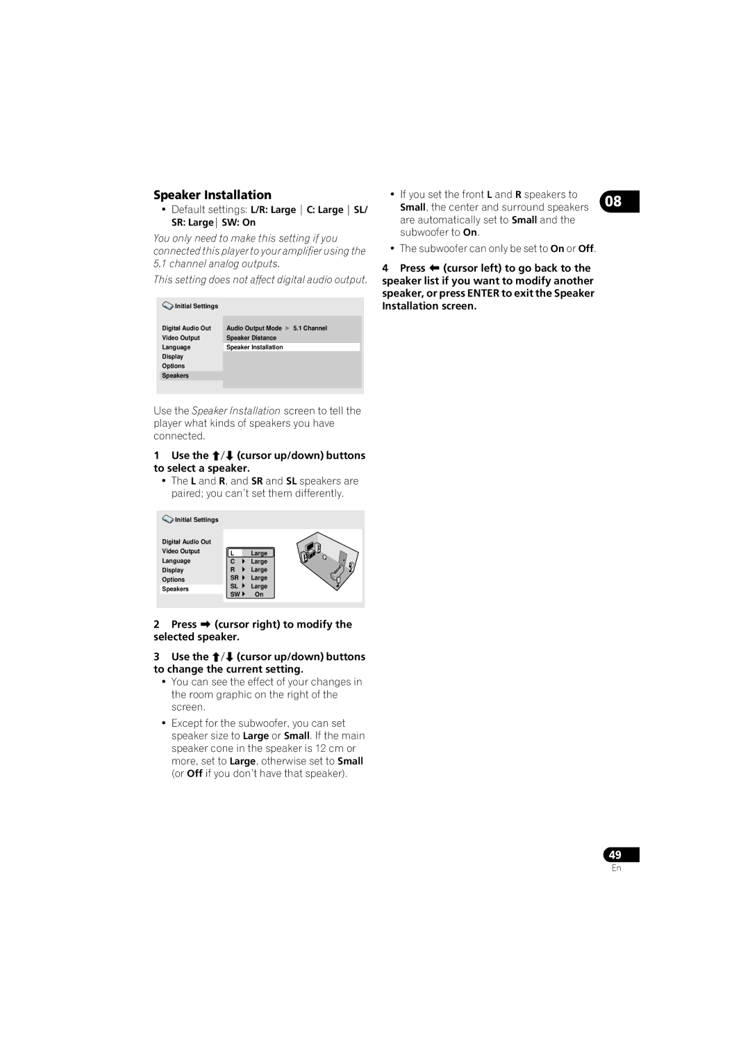 Pioneer DV-610AV-S operating instructions Default settings L/R Large C Large SL SR LargeSW On 