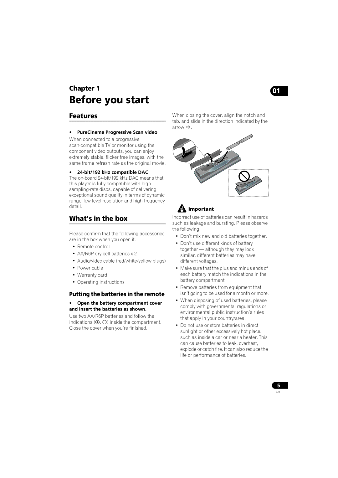 Pioneer DV-610AV-S Before you start, Features, What’s in the box, Putting the batteries in the remote 