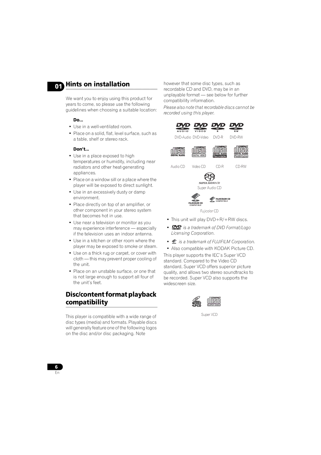 Pioneer DV-610AV-S operating instructions Hints on installation, Disc/content format playback compatibility, Don’t 