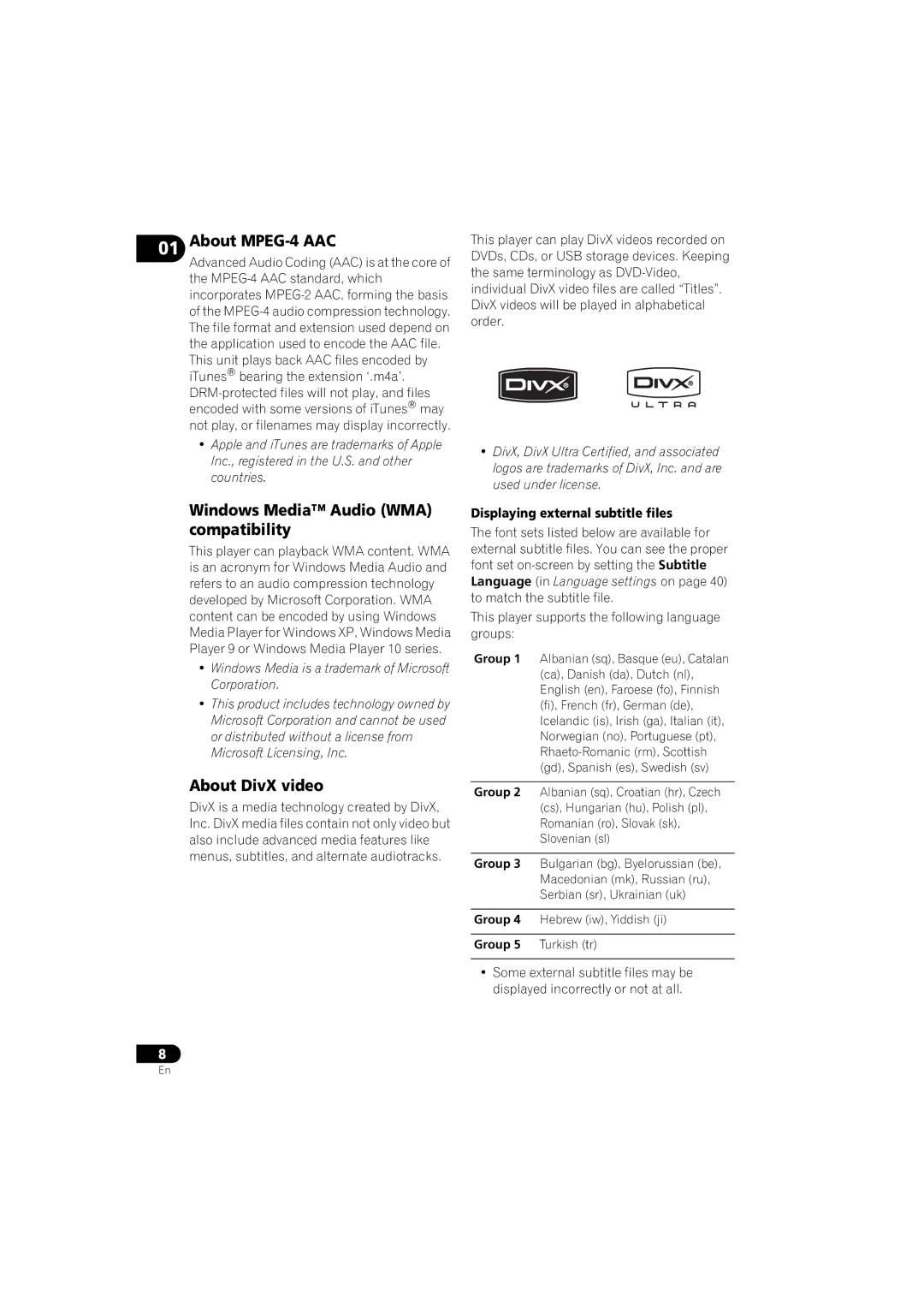 Pioneer DV-610AV-S operating instructions About MPEG-4 AAC, Windows Media Audio WMA compatibility, About DivX video 