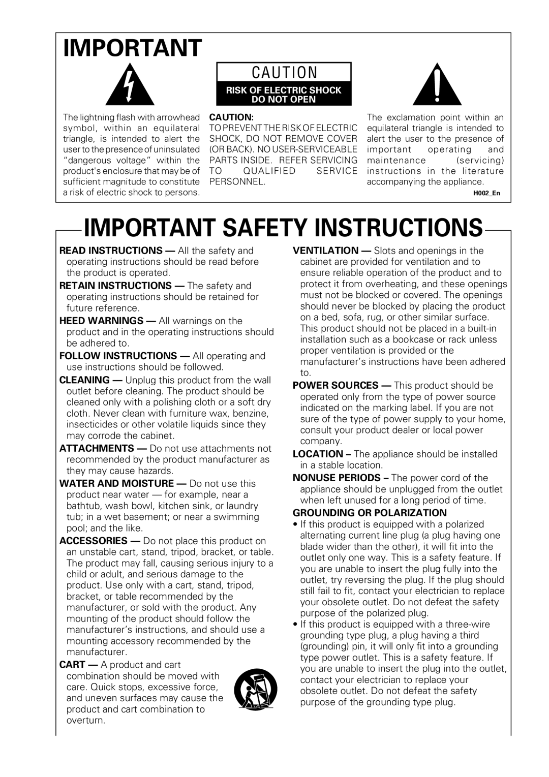 Pioneer DV-655A operating instructions Important Safety Instructions 