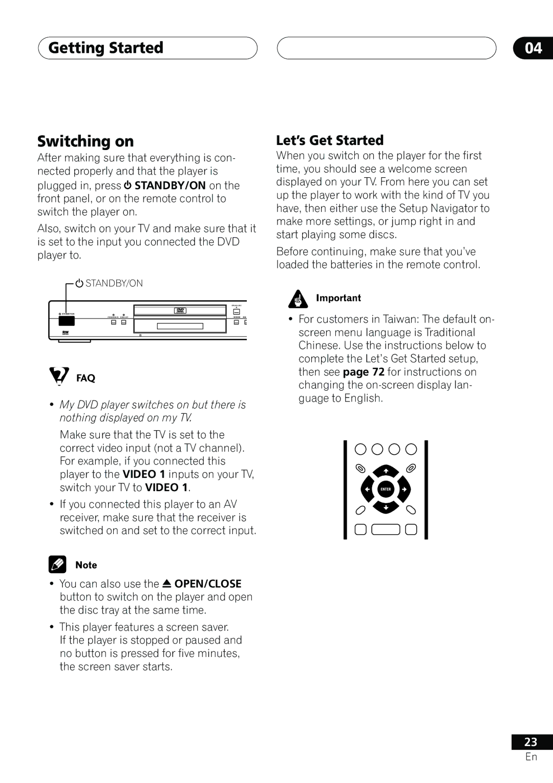 Pioneer DV-655A operating instructions Getting Started Switching on, Let’s Get Started 