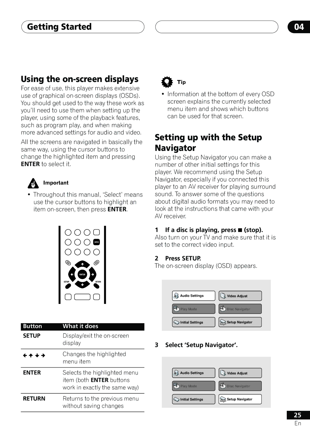 Pioneer DV-655A operating instructions Getting Started Using the on-screen displays, Setting up with the Setup Navigator 