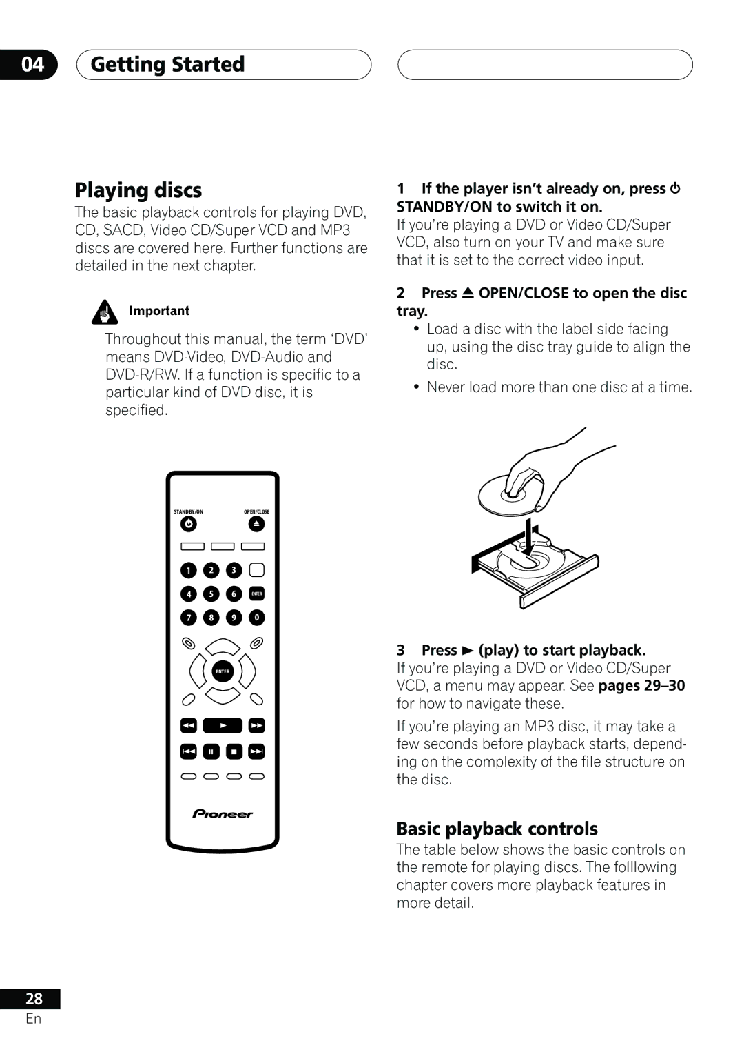 Pioneer DV-655A Getting Started Playing discs, Basic playback controls, Press 0 OPEN/CLOSE to open the disc tray 