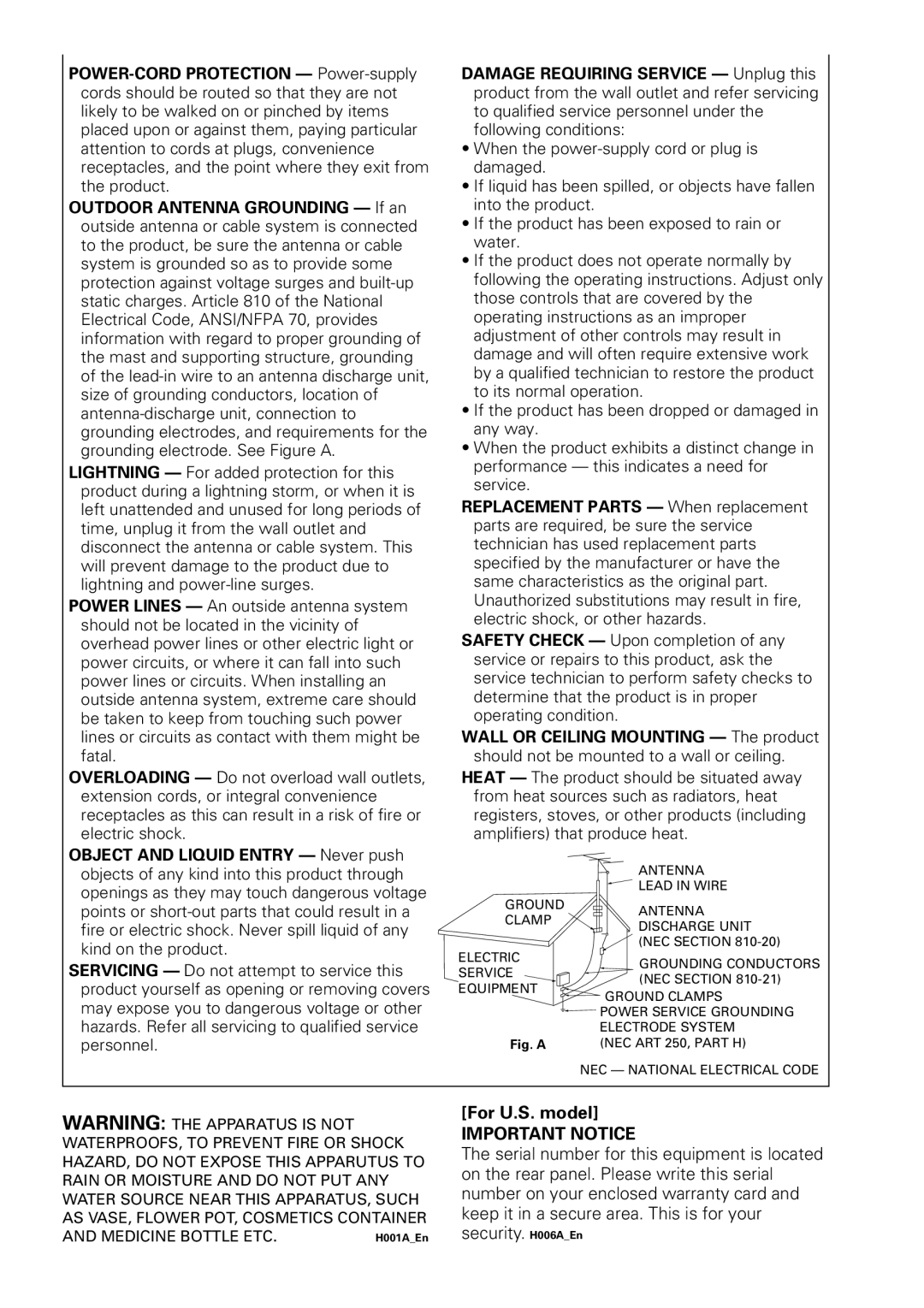 Pioneer DV-655A operating instructions For U.S. model, Important Notice 