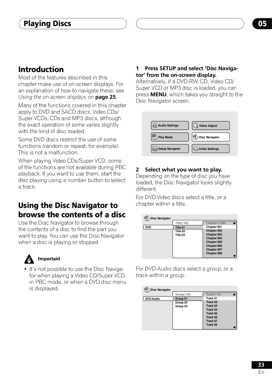 Pioneer DV-655A Playing Discs Introduction, Using the Disc Navigator to browse the contents of a disc 