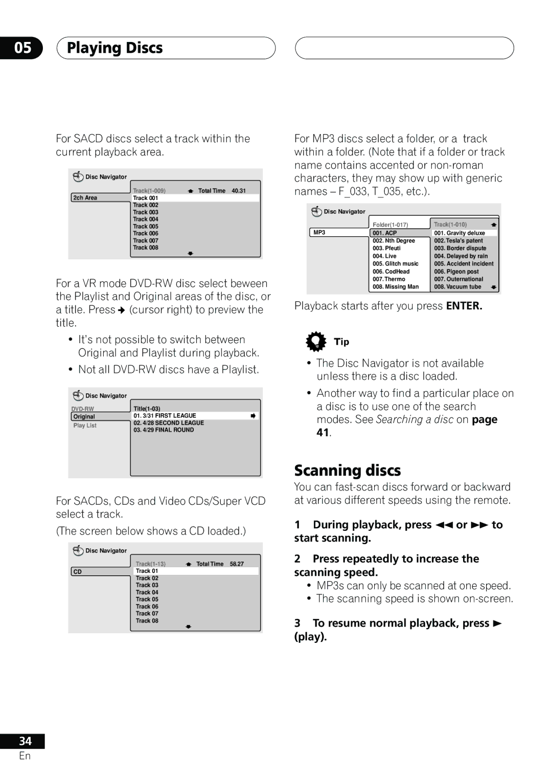 Pioneer DV-655A operating instructions Scanning discs, To resume normal playback, press Play 