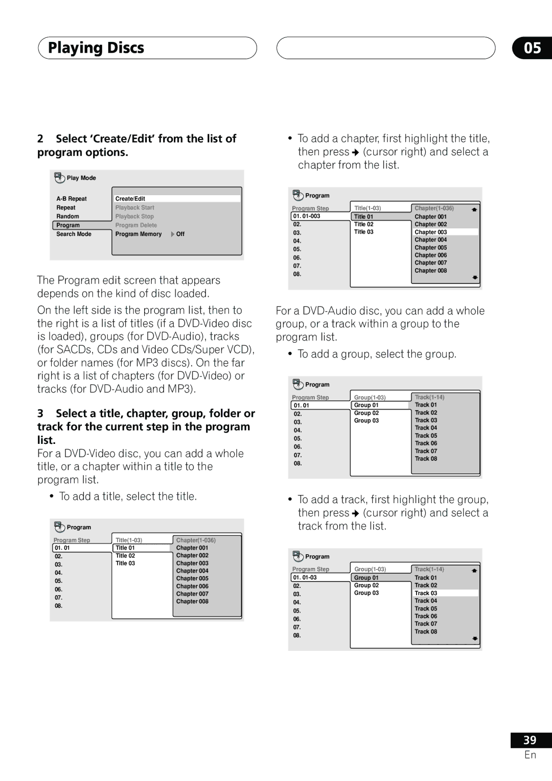 Pioneer DV-655A operating instructions Select ‘Create/Edit’ from the list of program options 