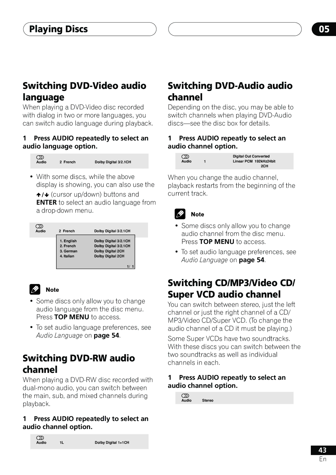 Pioneer DV-655A operating instructions Playing Discs Switching DVD-Video audio language, Switching DVD-Audio audio channel 