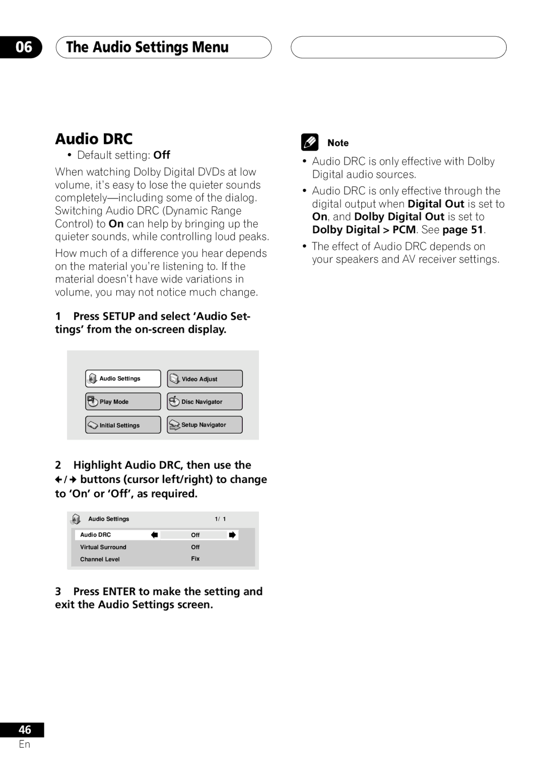 Pioneer DV-655A operating instructions Audio Settings Menu Audio DRC 