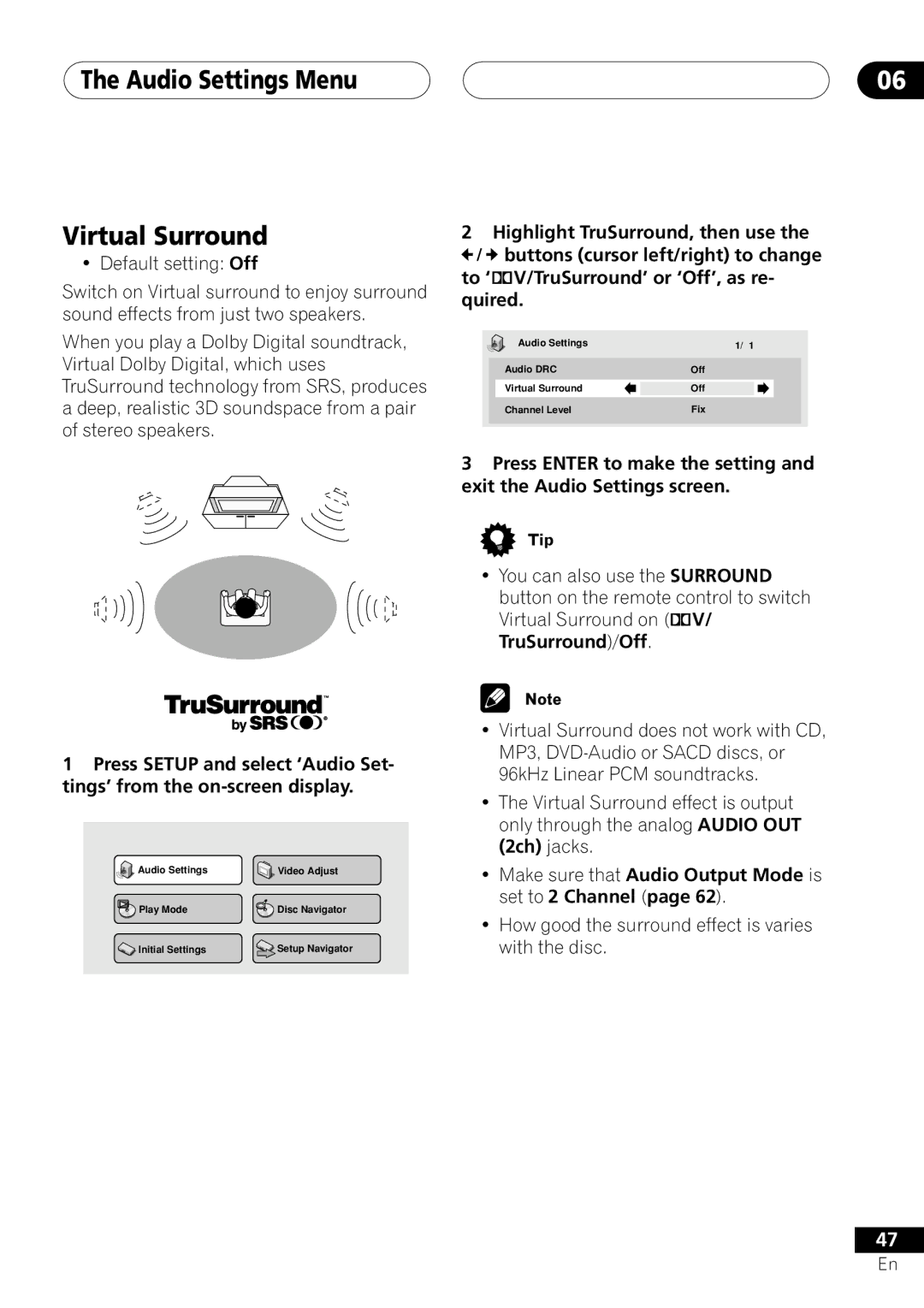 Pioneer DV-655A operating instructions Audio Settings Menu Virtual Surround 