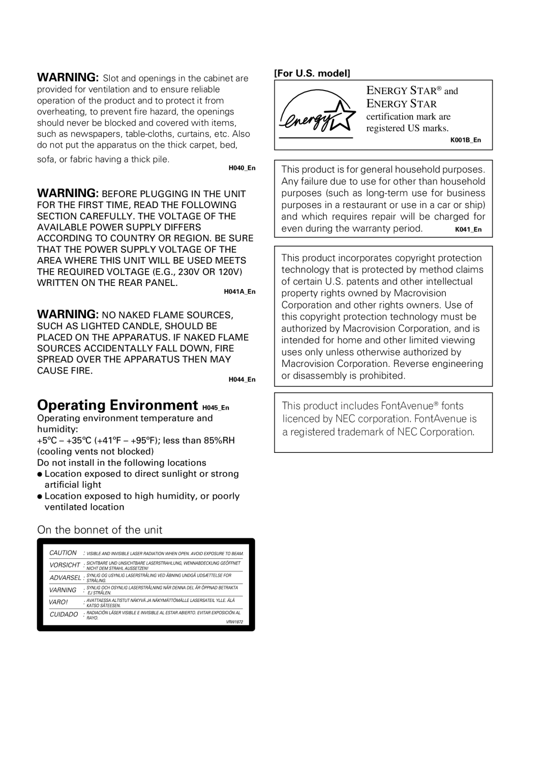 Pioneer DV-655A operating instructions Operating Environment H045En, On the bonnet of the unit 