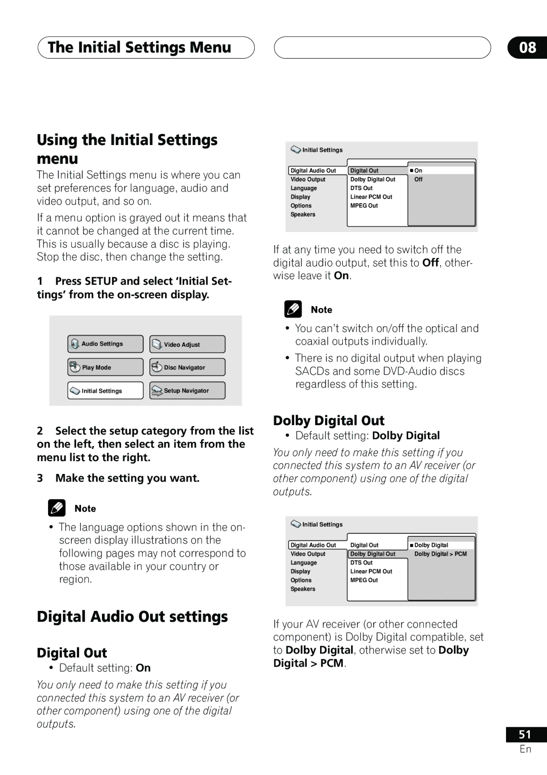 Pioneer DV-655A Initial Settings Menu Using the Initial Settings menu, Digital Audio Out settings, Digital Out 