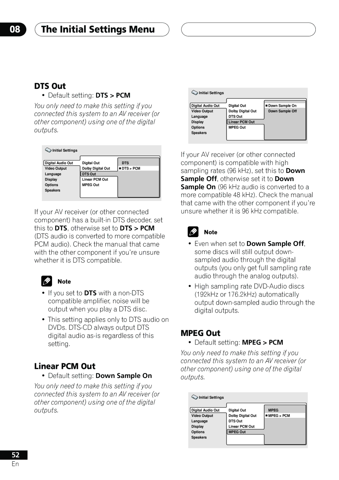 Pioneer DV-655A operating instructions Initial Settings Menu, DTS Out, Linear PCM Out, Mpeg Out 