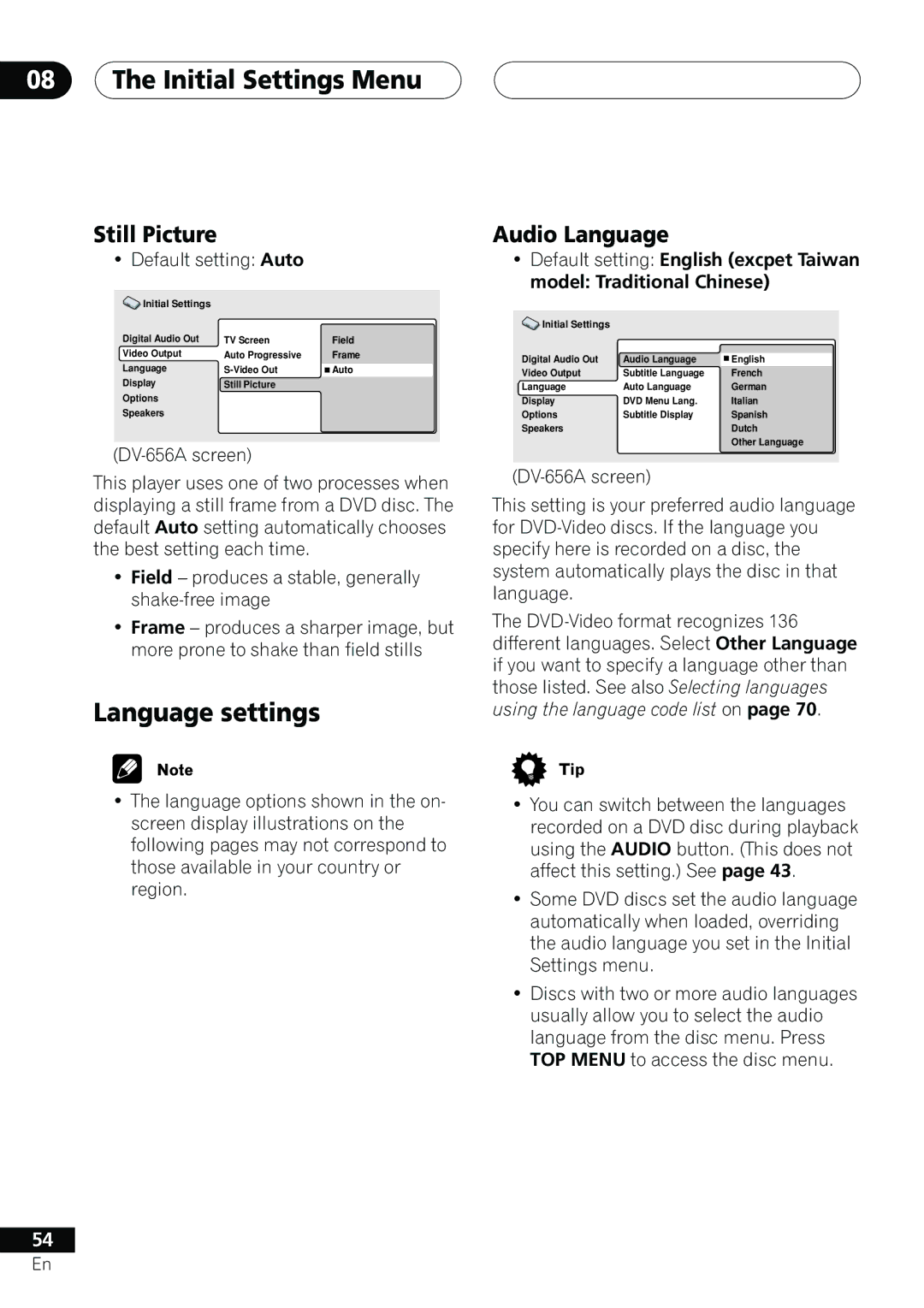 Pioneer DV-655A operating instructions Language settings, Still Picture, Audio Language, Default setting Auto 