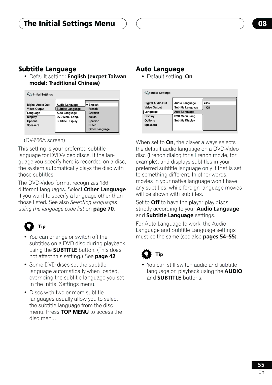 Pioneer DV-655A operating instructions Subtitle Language, Auto Language 