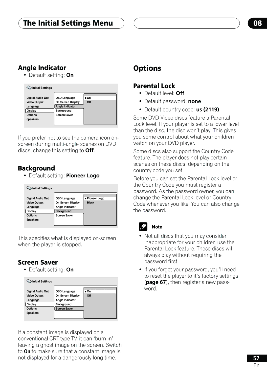 Pioneer DV-655A operating instructions Options, Angle Indicator, Background, Screen Saver, Parental Lock 