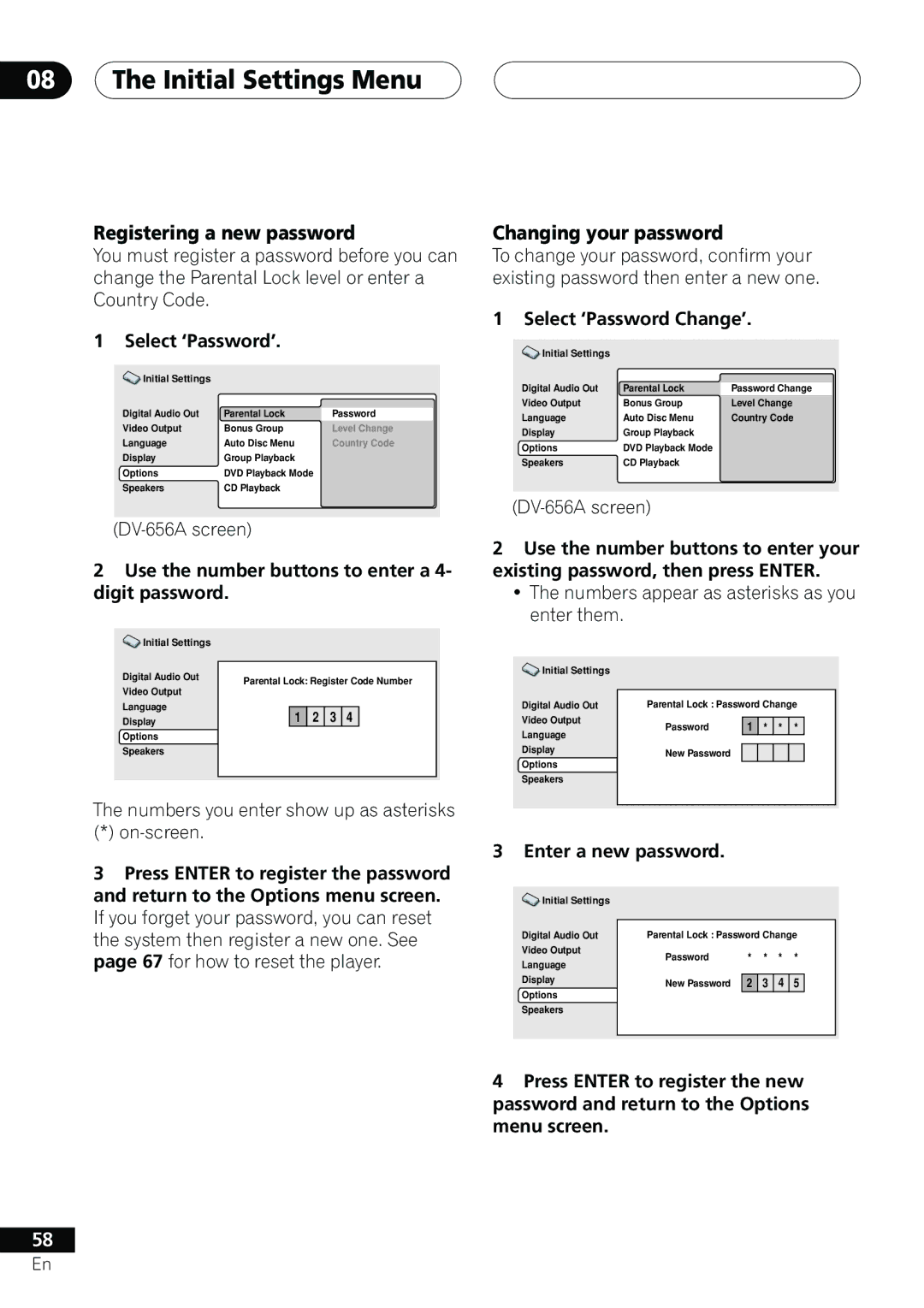 Pioneer DV-655A Select ‘Password’, Use the number buttons to enter a 4- digit password, Select ‘Password Change’ 