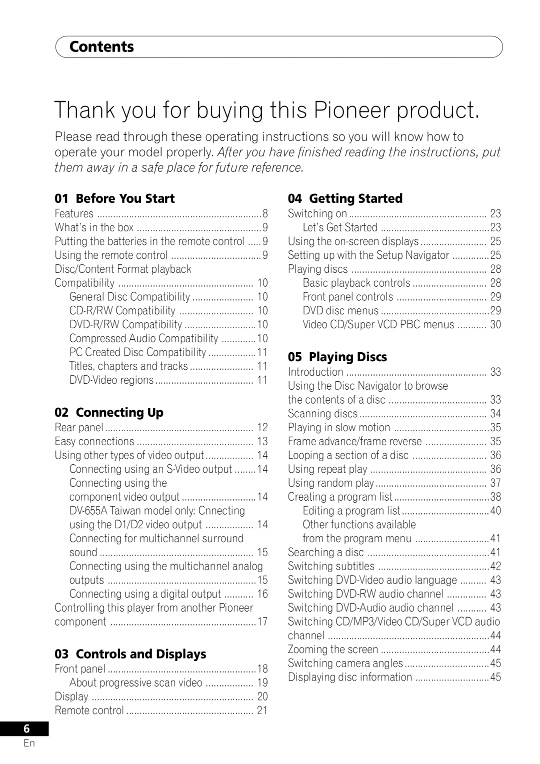 Pioneer DV-655A operating instructions Contents, CD-R/RW Compatibility, Connecting using the multichannel analog 