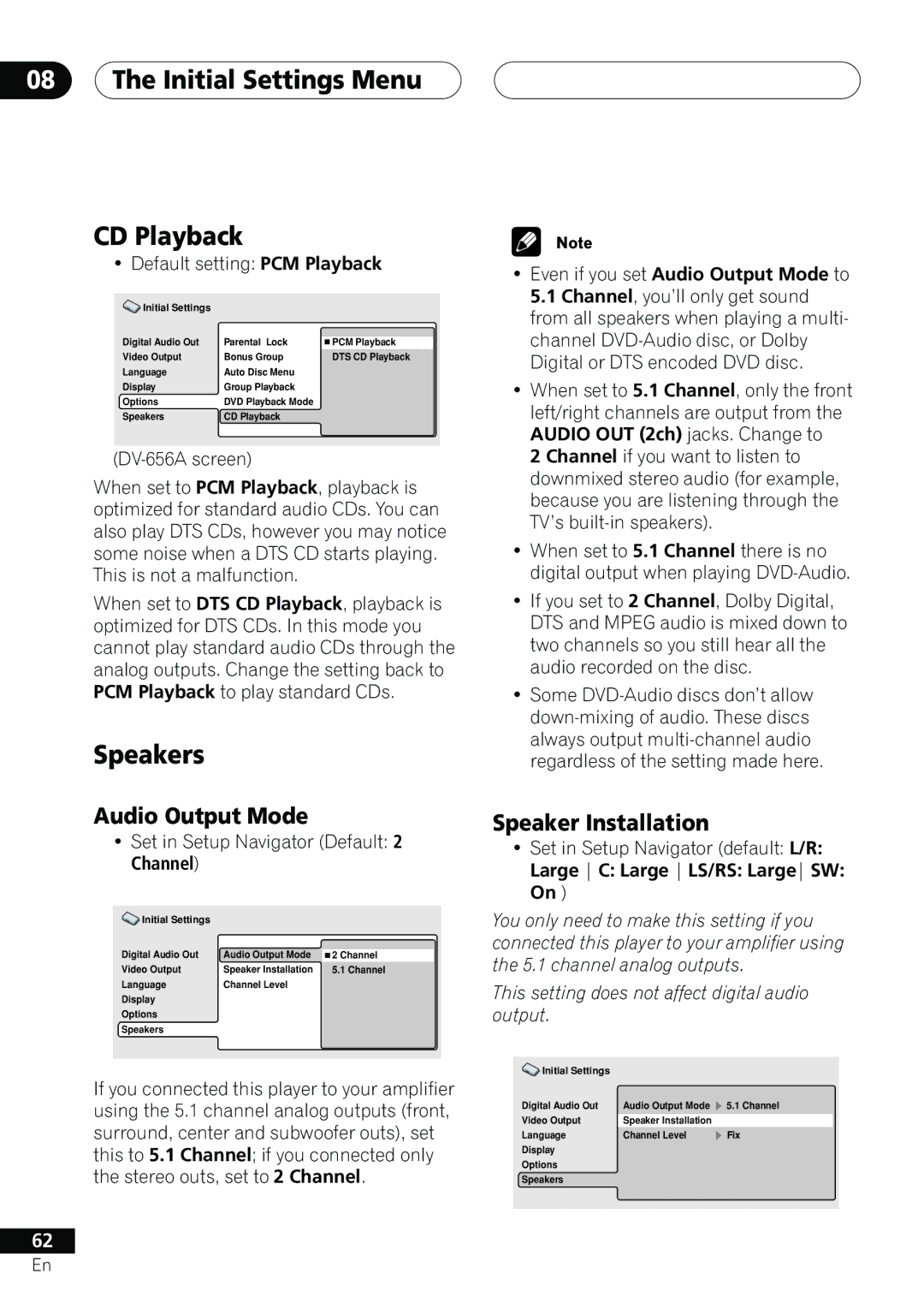 Pioneer DV-655A operating instructions Initial Settings Menu CD Playback, Speakers, Audio Output Mode, Speaker Installation 