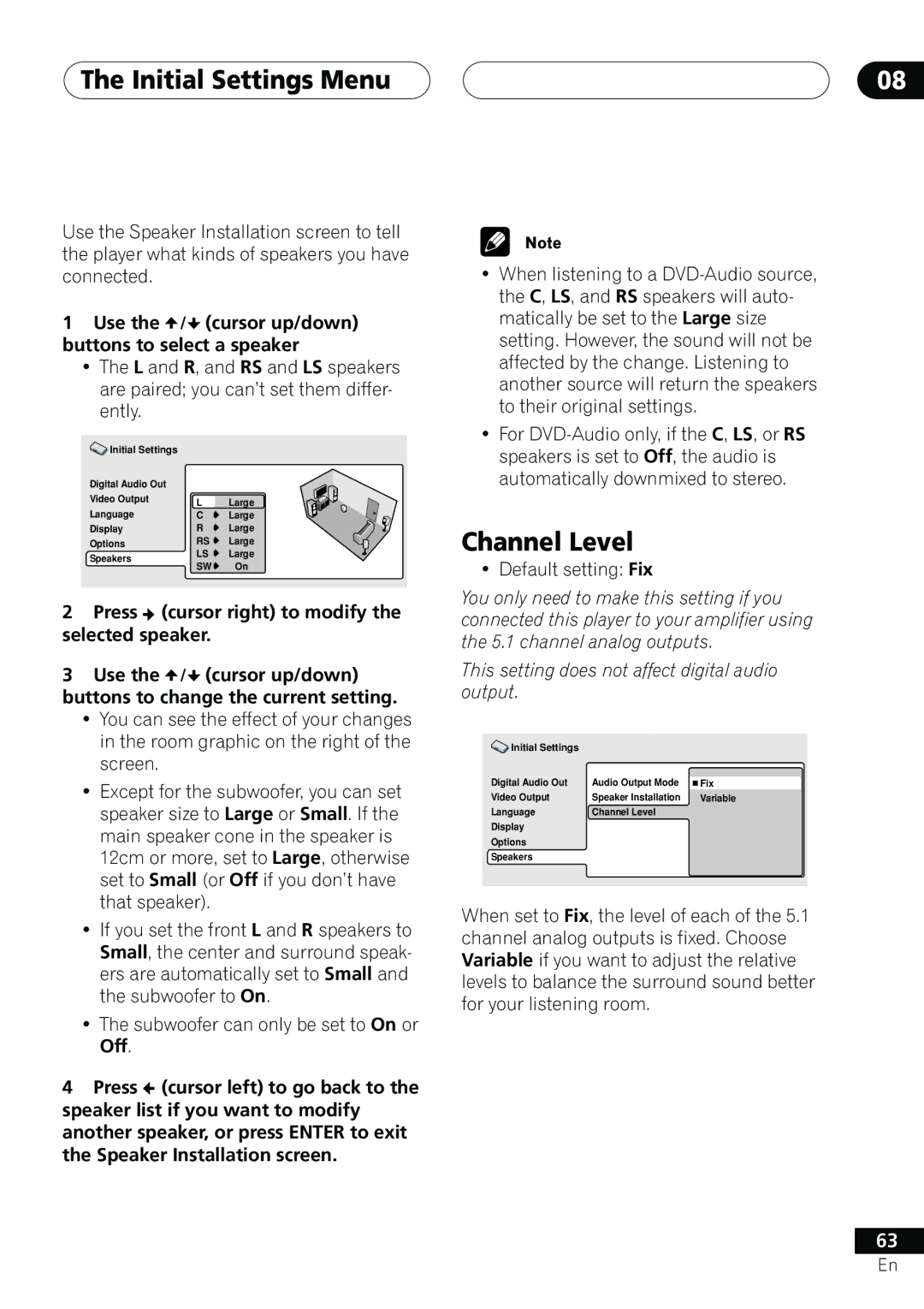 Pioneer DV-655A operating instructions Press cursor right to modify the selected speaker, Default setting Fix 