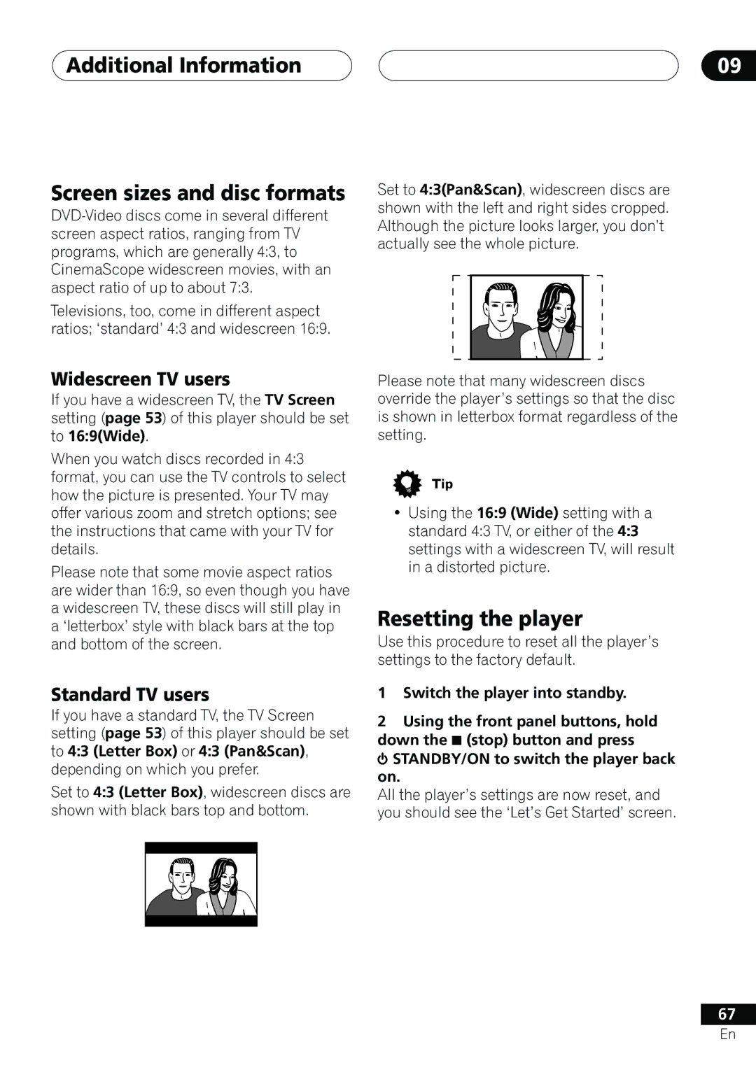 Pioneer DV-655A Additional Information Screen sizes and disc formats, Resetting the player, Widescreen TV users 