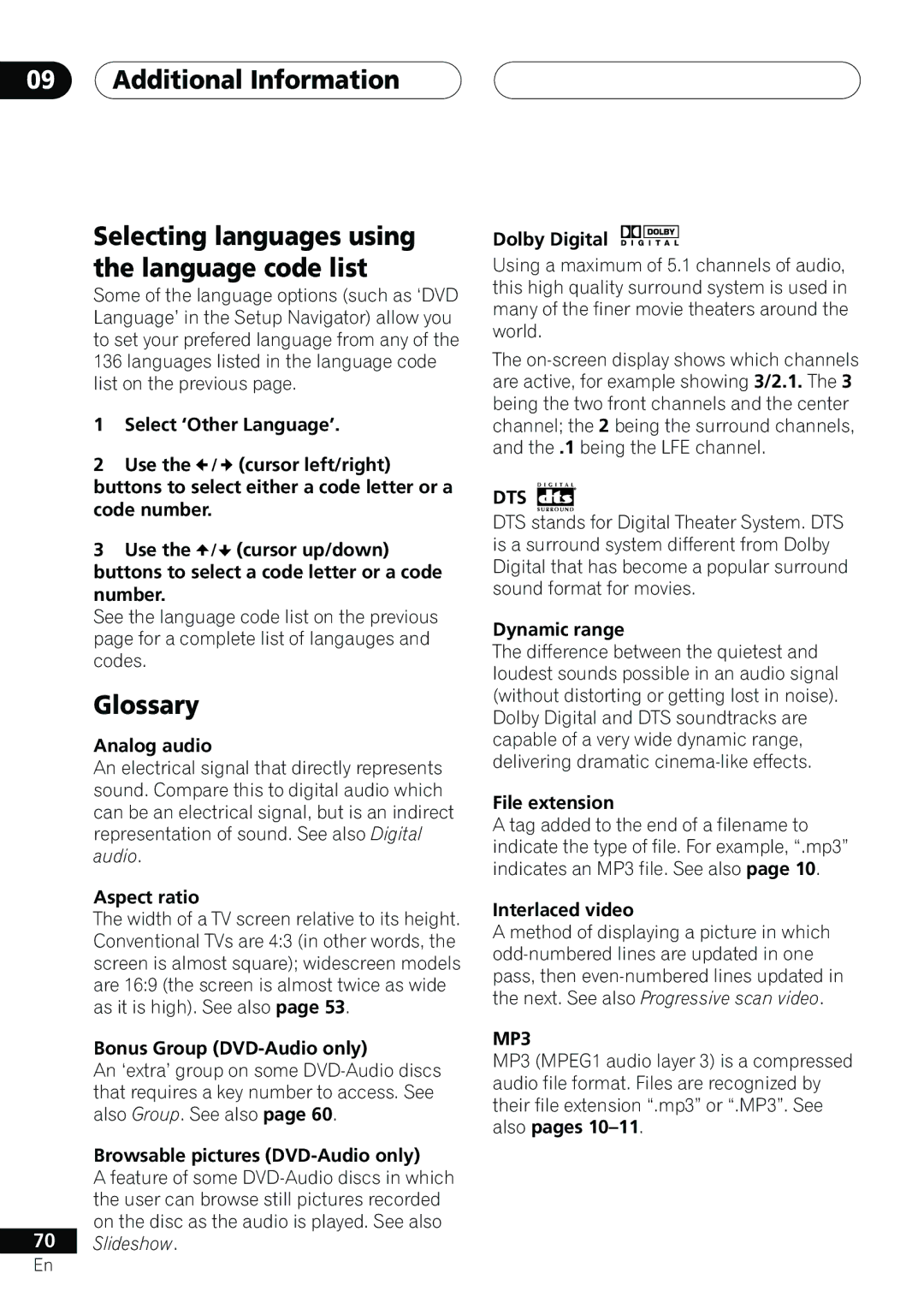 Pioneer DV-655A operating instructions Glossary, Dts, MP3 