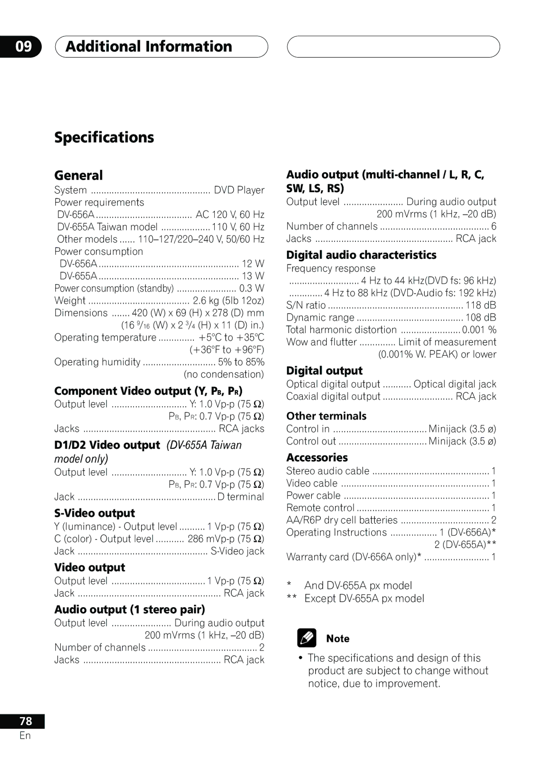 Pioneer DV-655A operating instructions Additional Information Specifications, General, Other terminals 