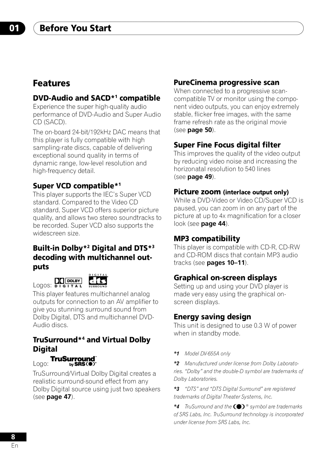 Pioneer DV-655A operating instructions Before You Start Features, Picture zoom interlace output only 