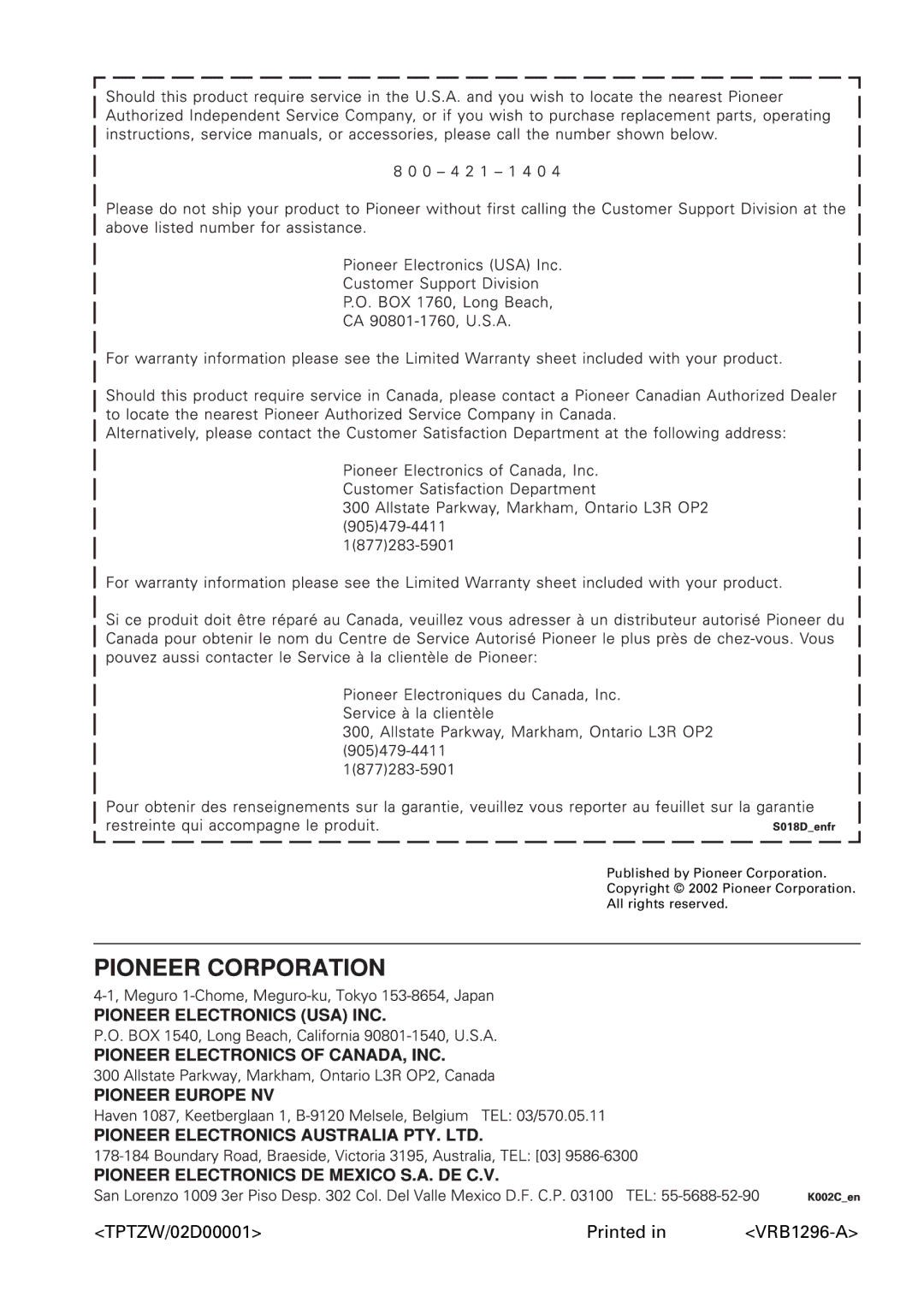 Pioneer DV-655A operating instructions TPTZW/02D00001 Printed 