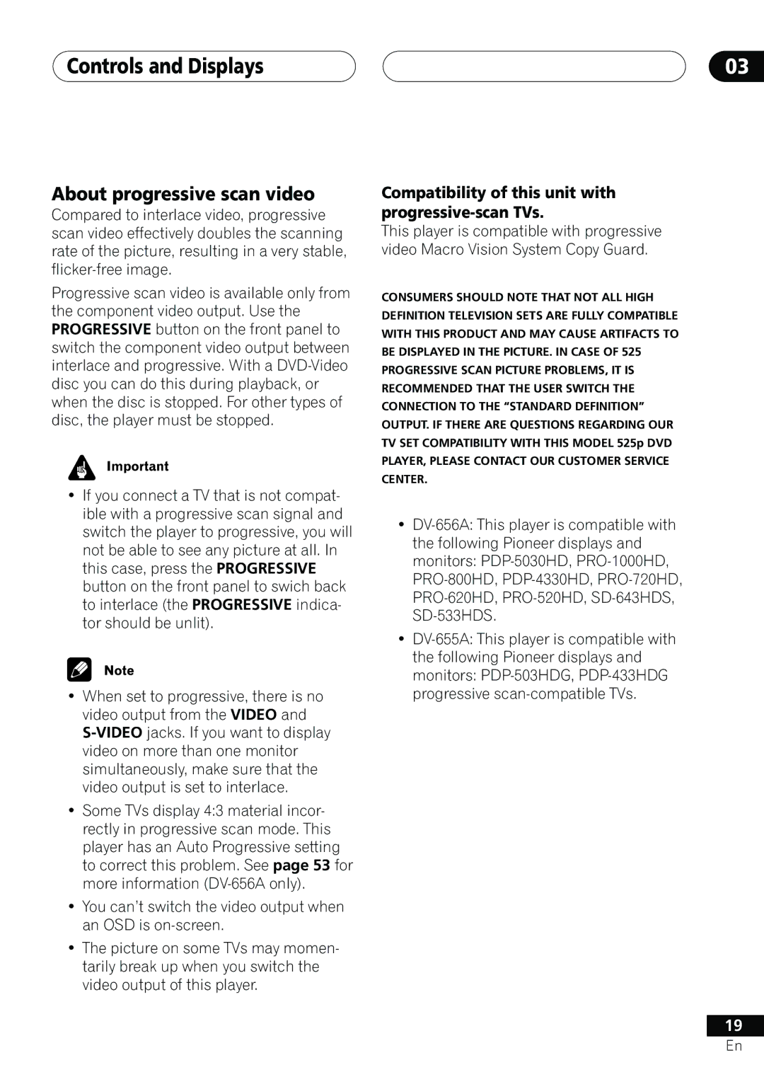 Pioneer 655A, DV-656A operating instructions Controls and Displays, About progressive scan video 