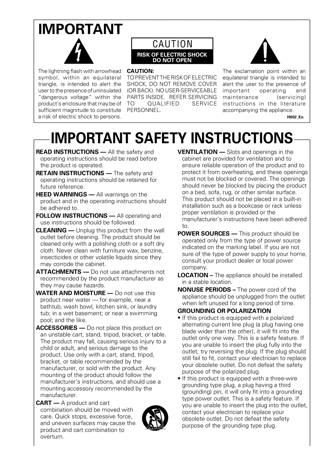 Pioneer DV-656A, 655A operating instructions Important Safety Instructions 