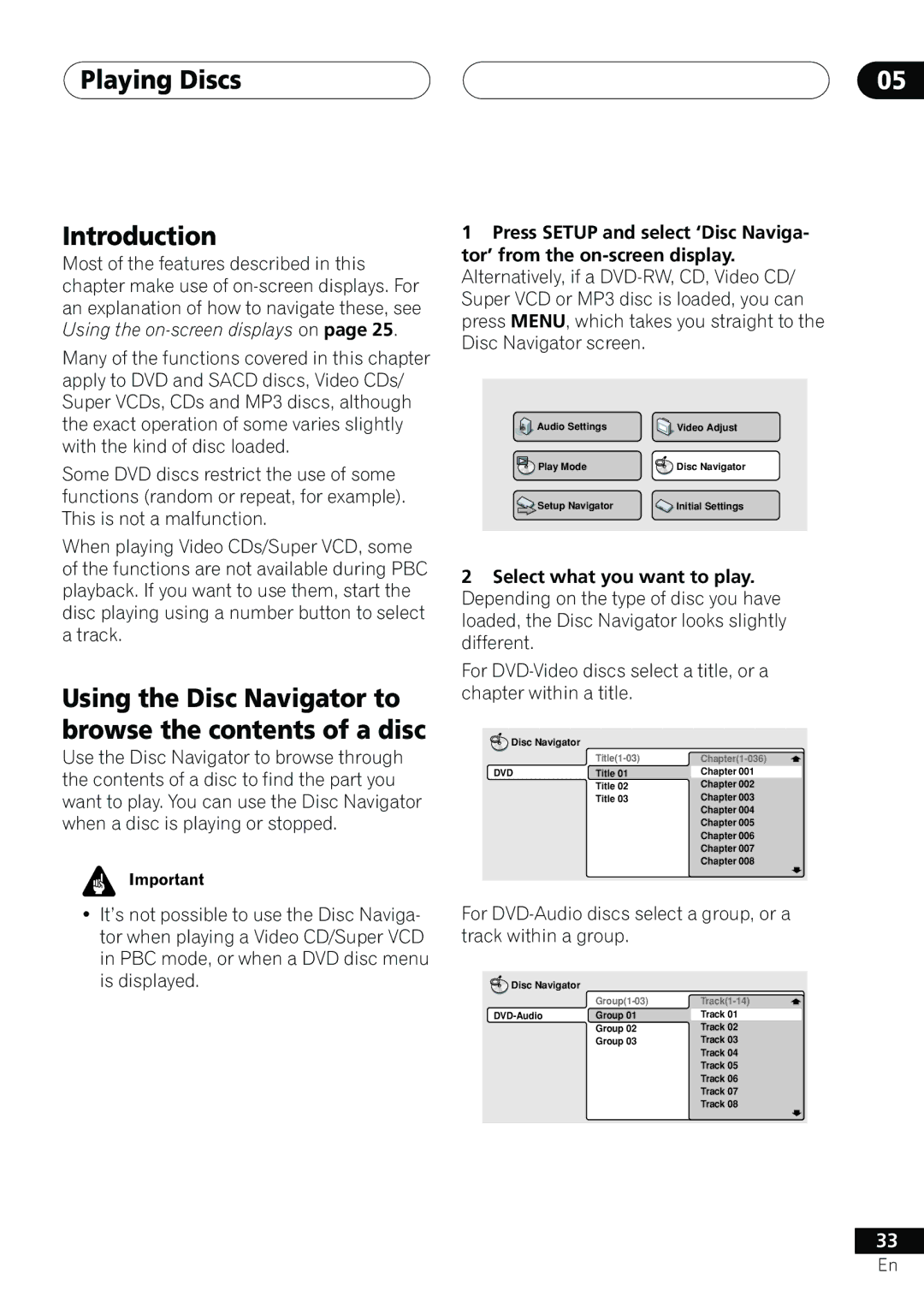 Pioneer 655A, DV-656A Playing Discs Introduction, Using the Disc Navigator to browse the contents of a disc 