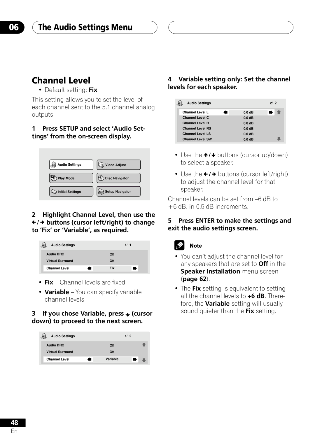 Pioneer DV-656A, 655A operating instructions Audio Settings Menu Channel Level 