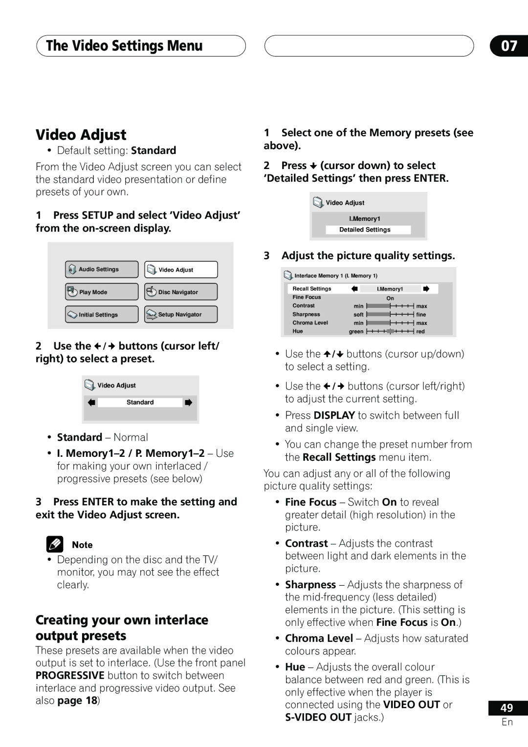 Pioneer 655A, DV-656A operating instructions Video Settings Menu Video Adjust, Creating your own interlace output presets 