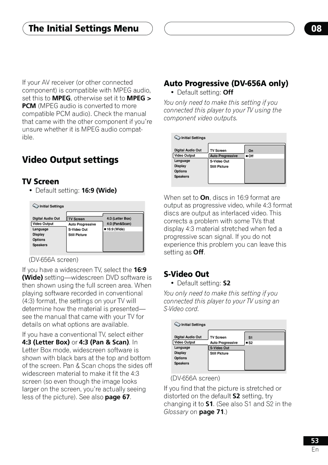 Pioneer 655A operating instructions Video Output settings, TV Screen, Auto Progressive DV-656A only 