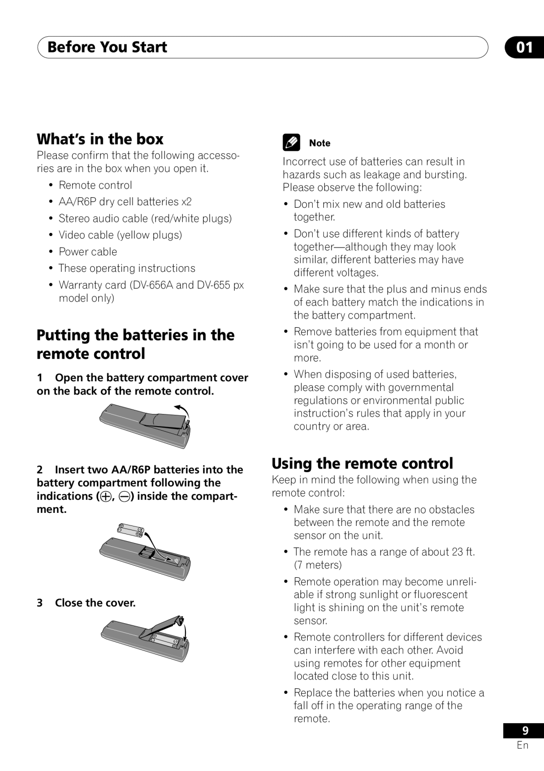 Pioneer 655A Before You Start What’s in the box, Putting the batteries in the remote control, Using the remote control 