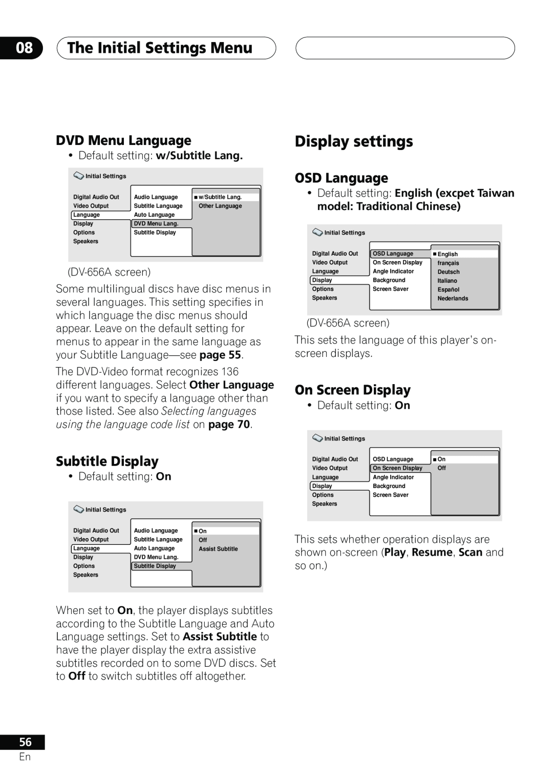 Pioneer DV-656A, 655A Display settings, DVD Menu Language, Subtitle Display, OSD Language, On Screen Display 